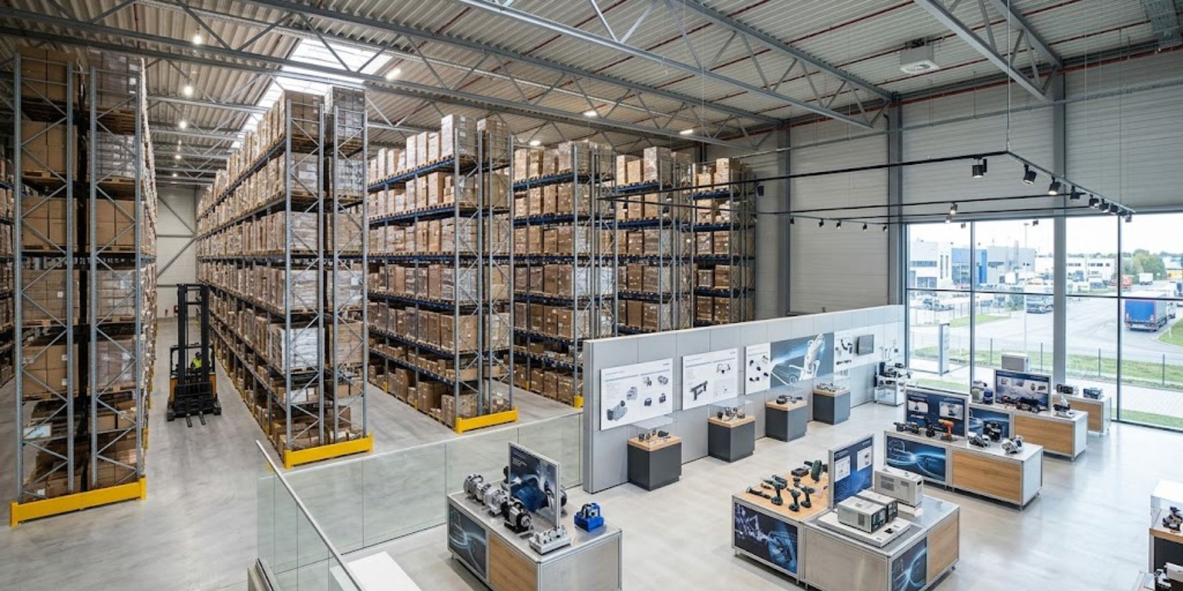 Functional B2B exhibition space in an active logistics center. At the front, product islands with tools on a concrete floor, at the back, high rack storage and a forklift.